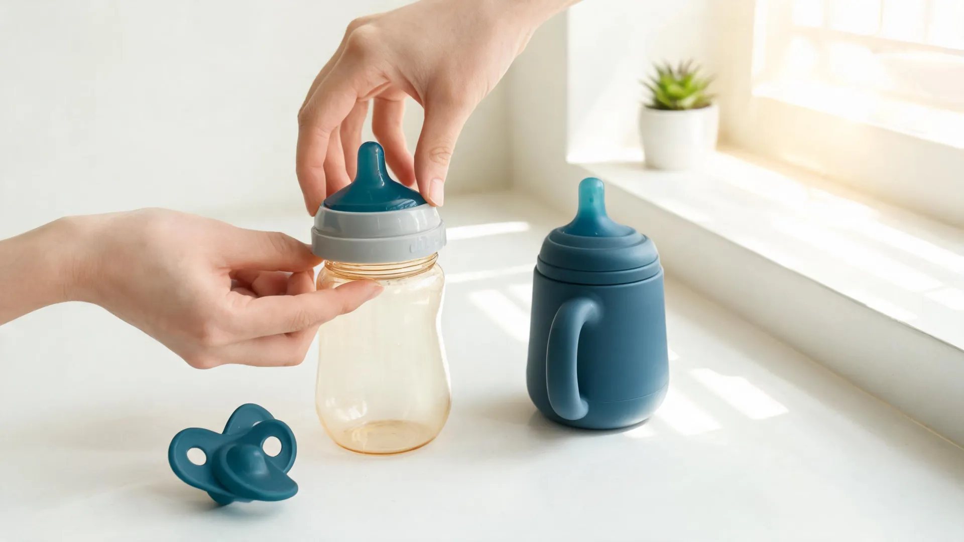 Parent preparing Nuk bottle beside pacifier and learner cup